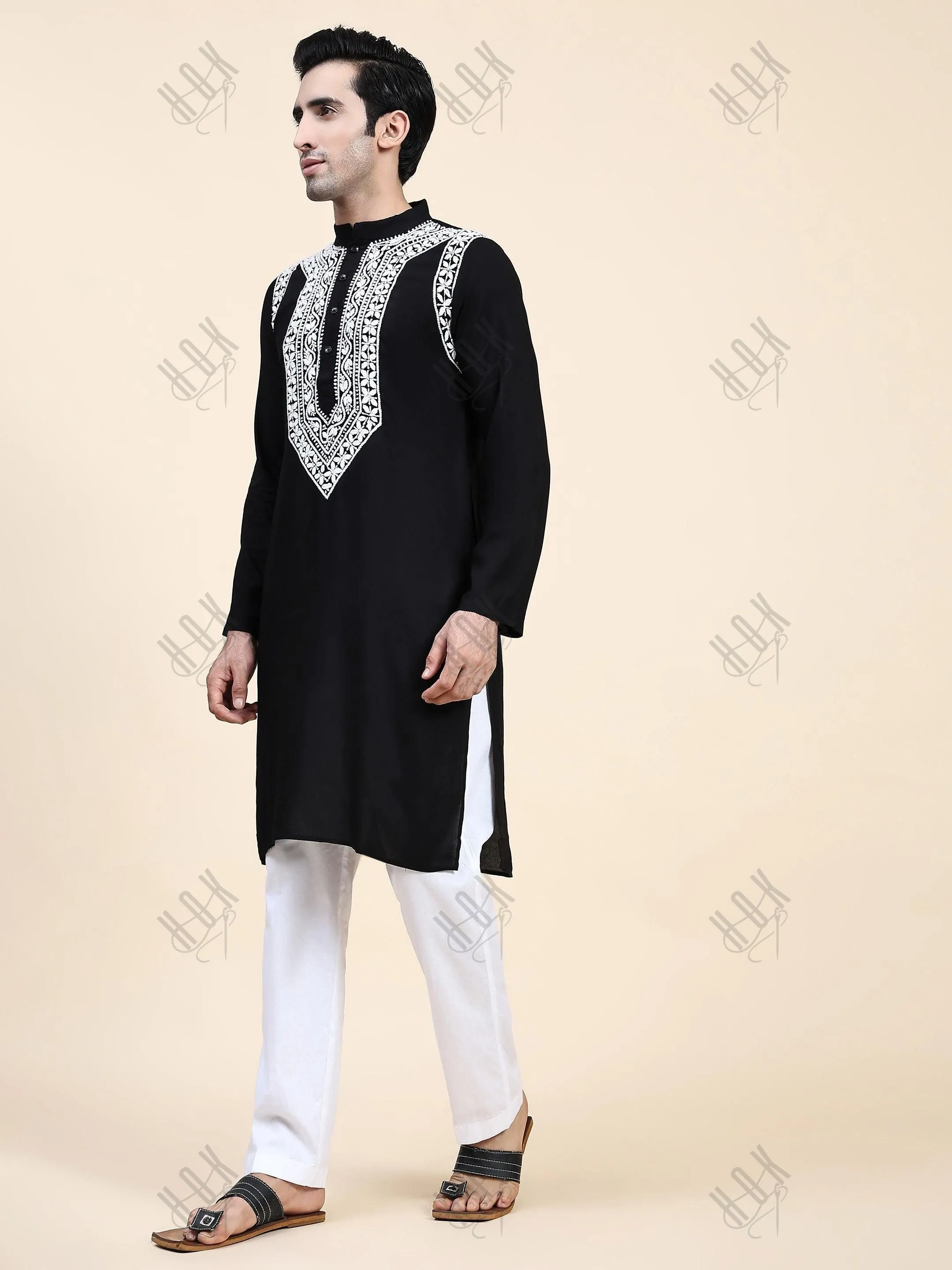 Hemant in HOK Men's Chikankari Kurta in Rayon Cotton - Black