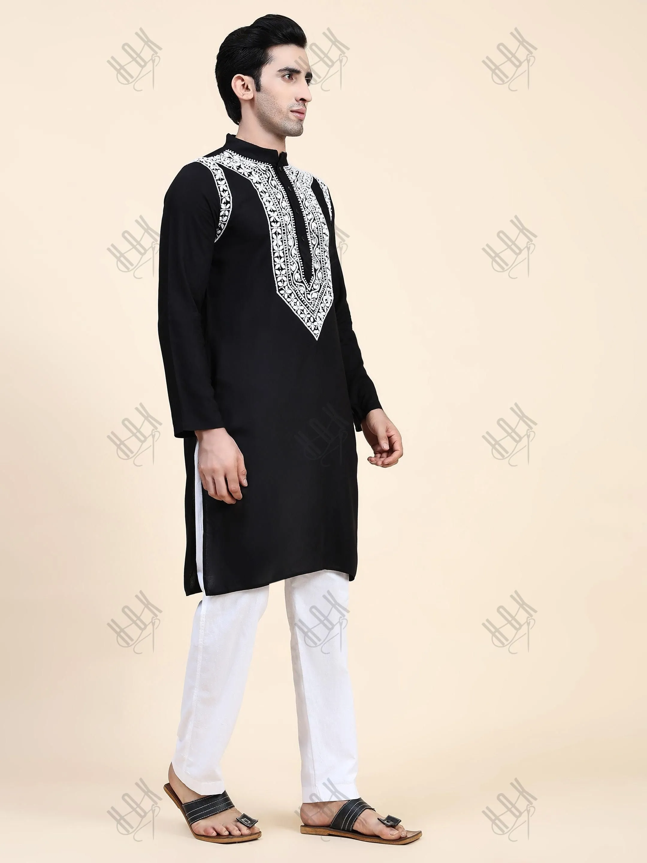 Hemant in HOK Men's Chikankari Kurta in Rayon Cotton - Black