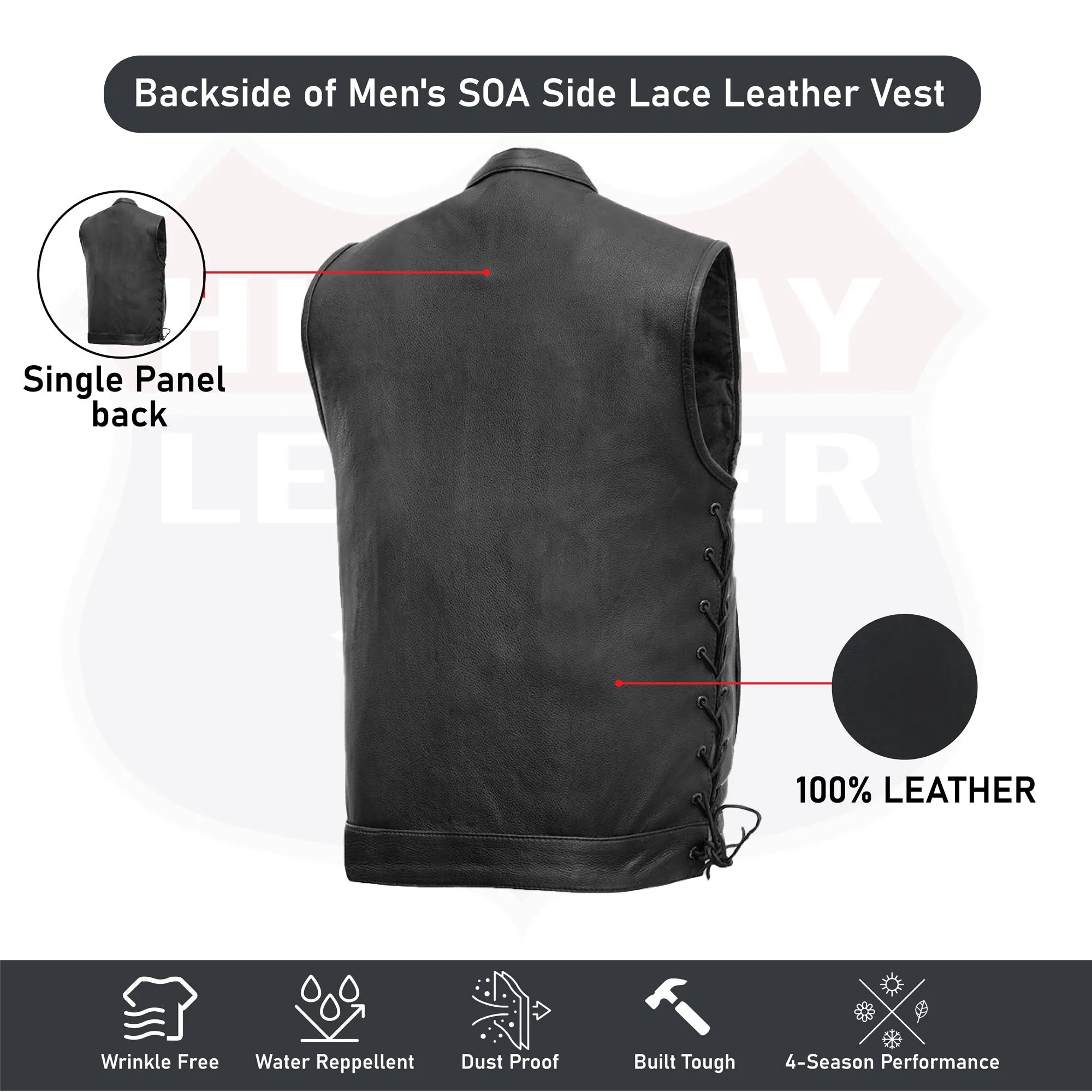 HL11685NKD SOA Men's Leather Vest Anarchy Motorcycle Biker Club Concealed Carry Side Lace