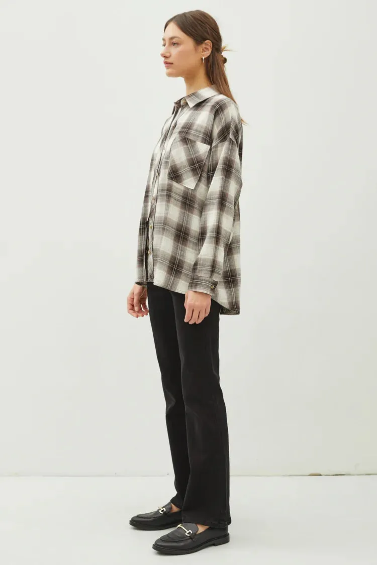 Juliette Oversize Flannel Long Sleeve Top Charcoal