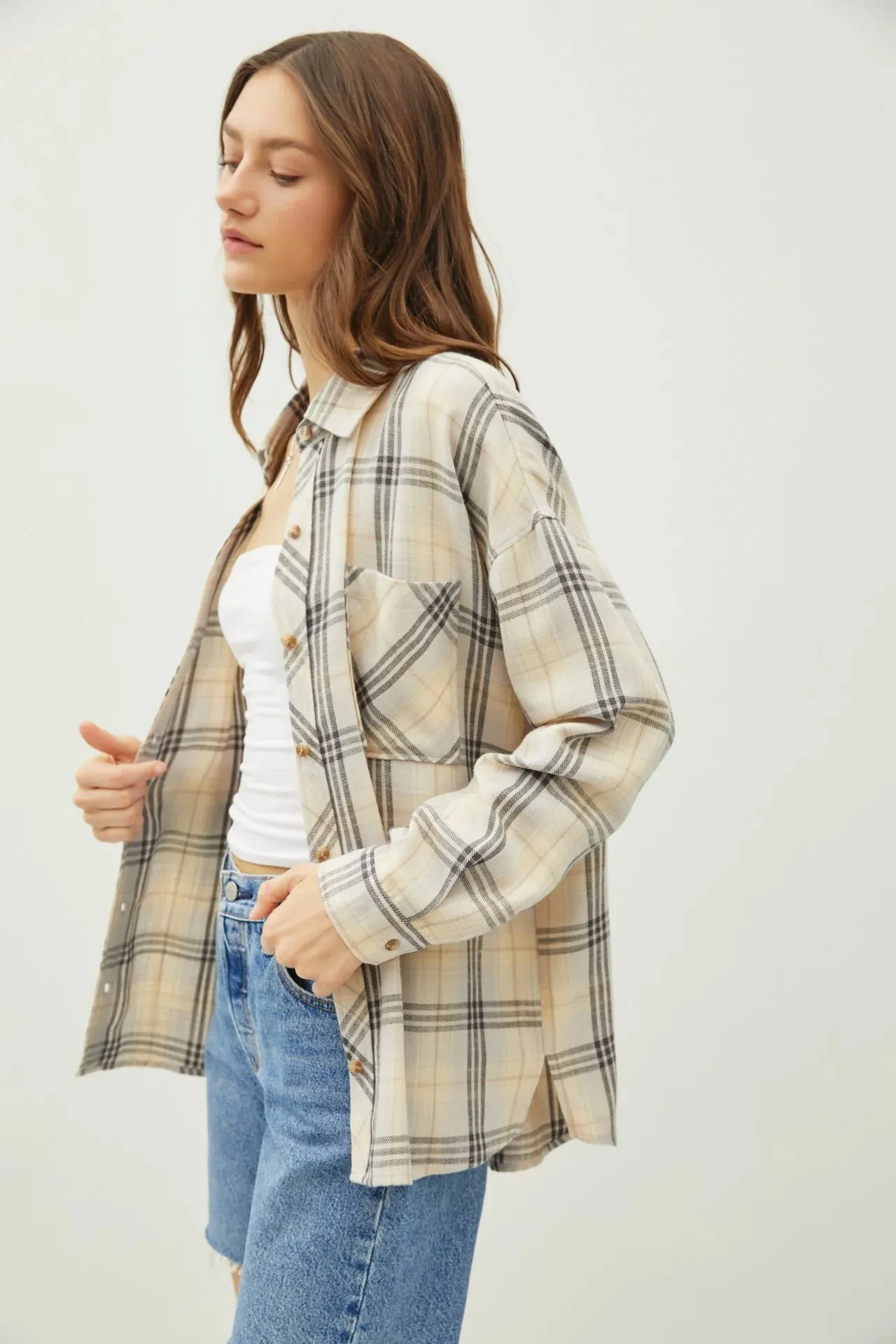 Juliette Oversize Flannel Long Sleeve Top Grey Beige