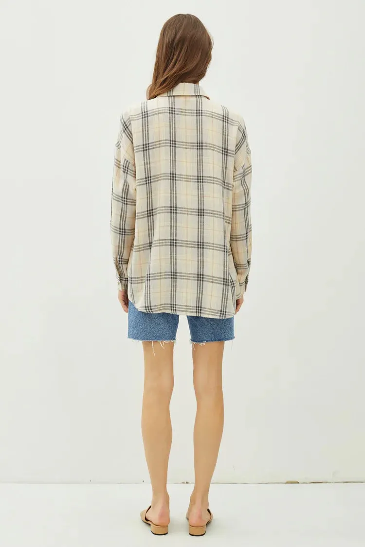 Juliette Oversize Flannel Long Sleeve Top Grey Beige