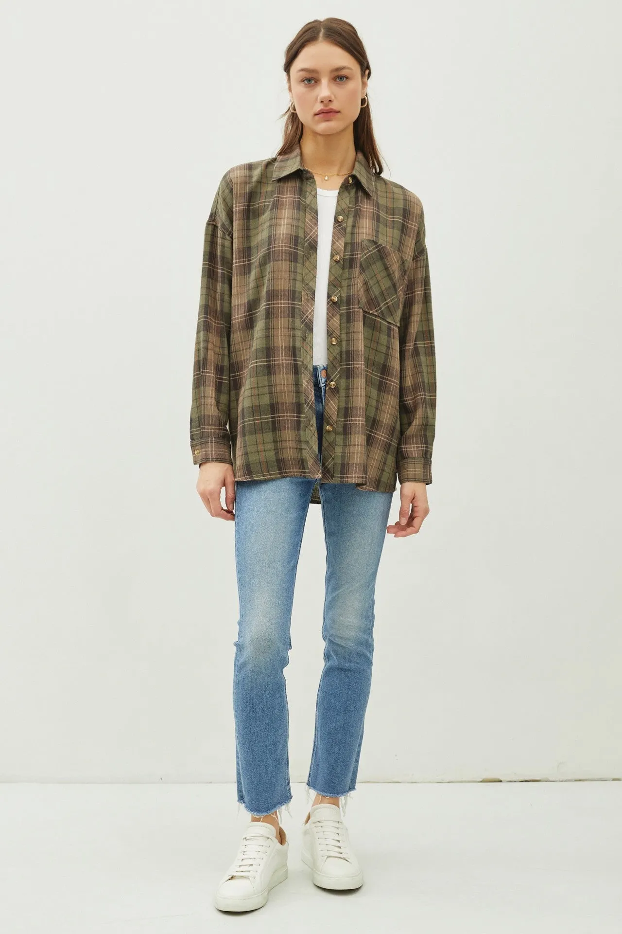 Juliette Oversize Flannel Long Sleeve Top Khaki