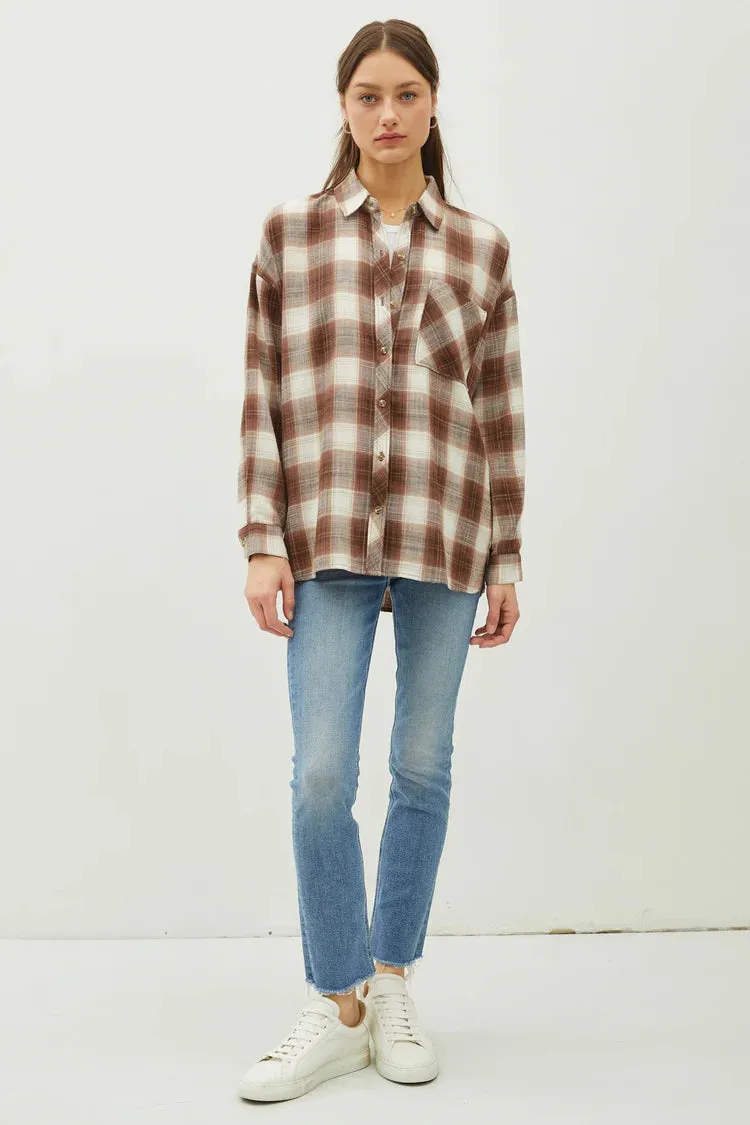 Juliette Oversize Flannel Long Sleeve Top Light Brown