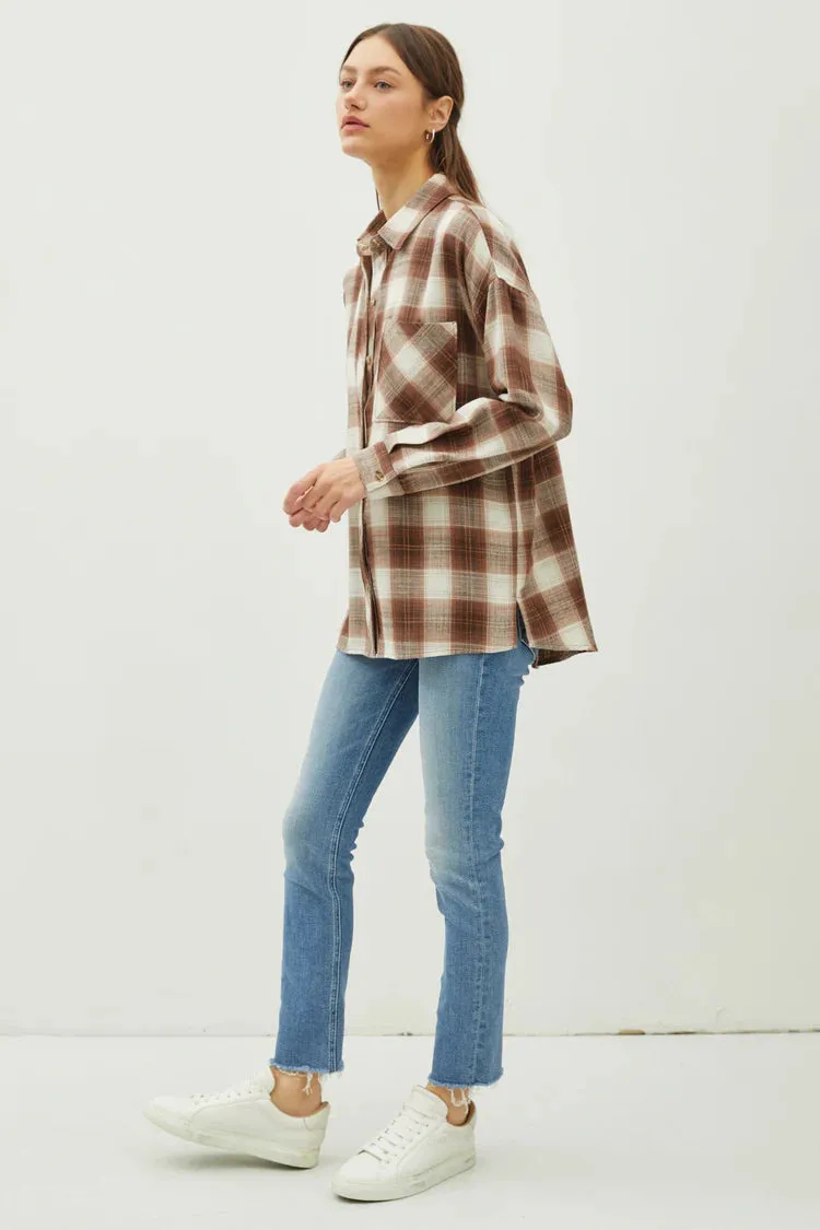 Juliette Oversize Flannel Long Sleeve Top Light Brown