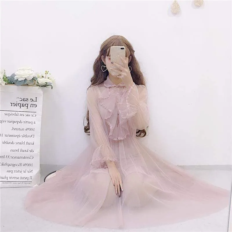 Kawaii Mesh Trumpet Sleeved Dress