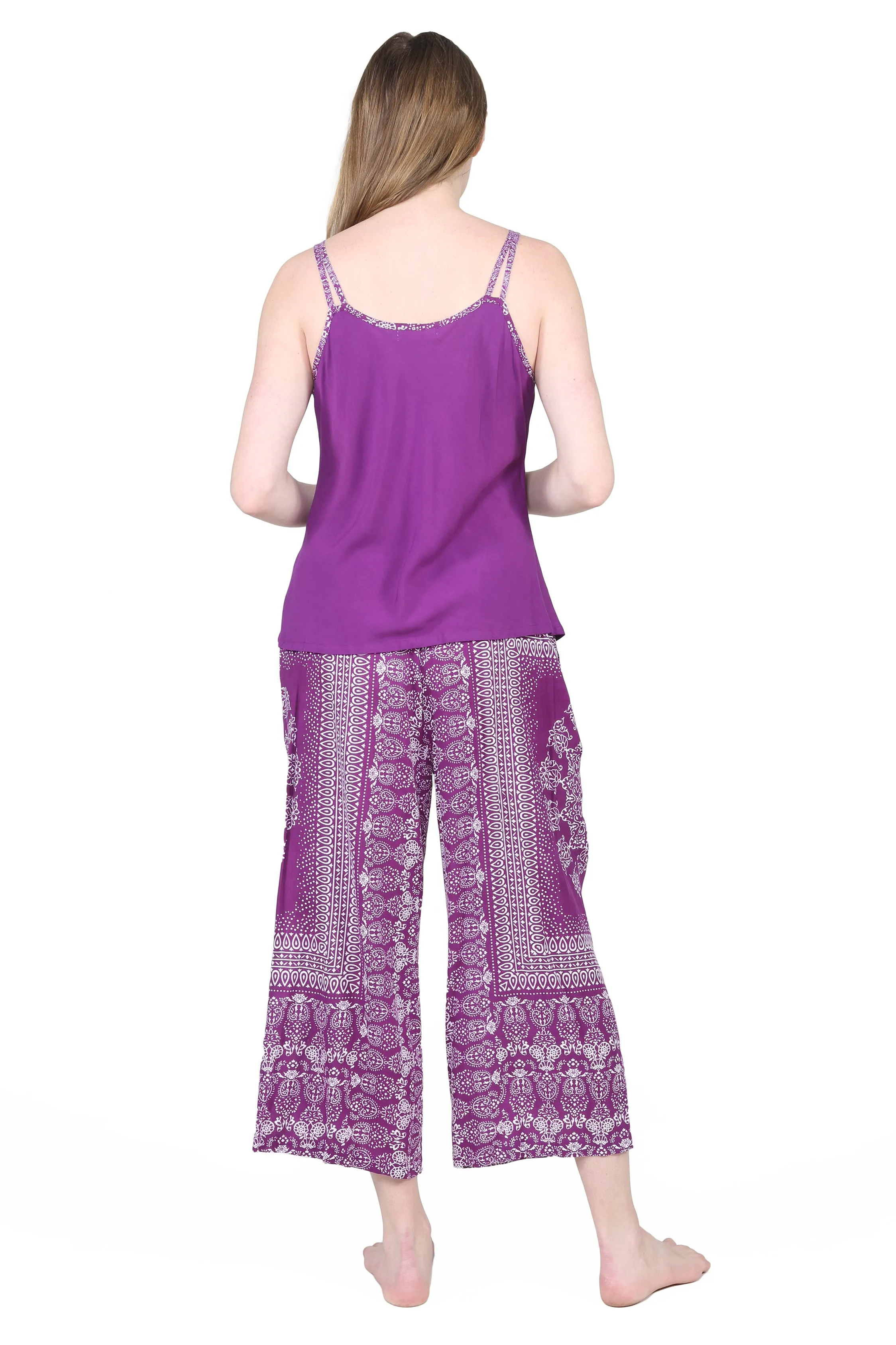 La Cera Rayon Purple and White Printed Capri Pajamas