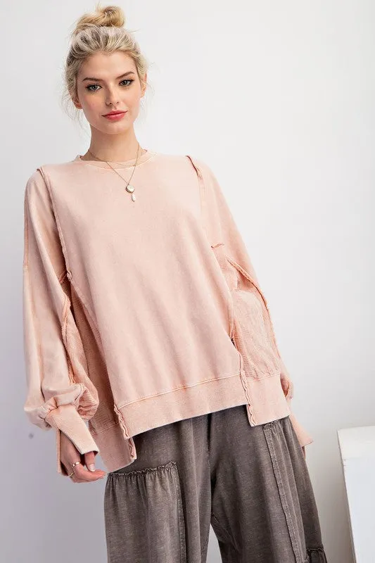 Lace Mix Mineral Washed Terry Knit Pullover