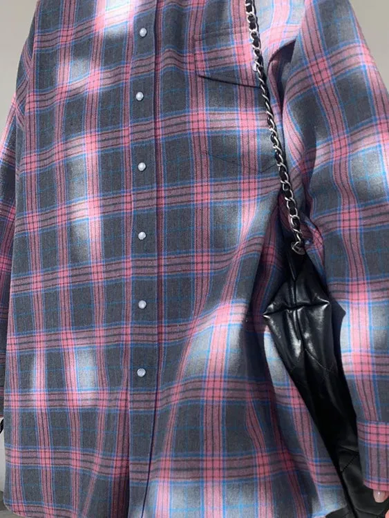 Lapel Long Sleeve Color Block Plaid Shirt