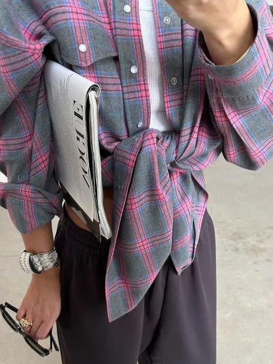 Lapel Long Sleeve Color Block Plaid Shirt