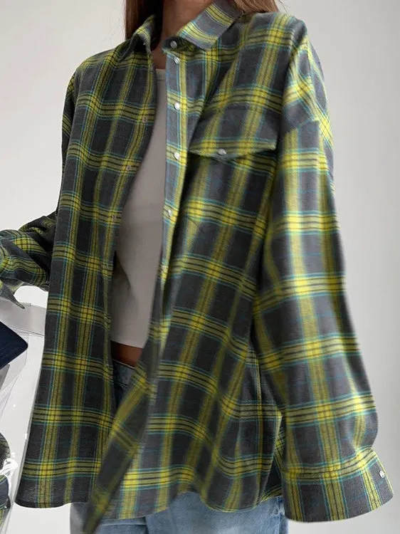 Lapel Long Sleeve Color Block Plaid Shirt