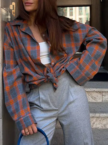 Lapel Long Sleeve Color Block Plaid Shirt