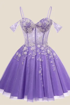 Lavender Sequin Appliques A-line Short Dress