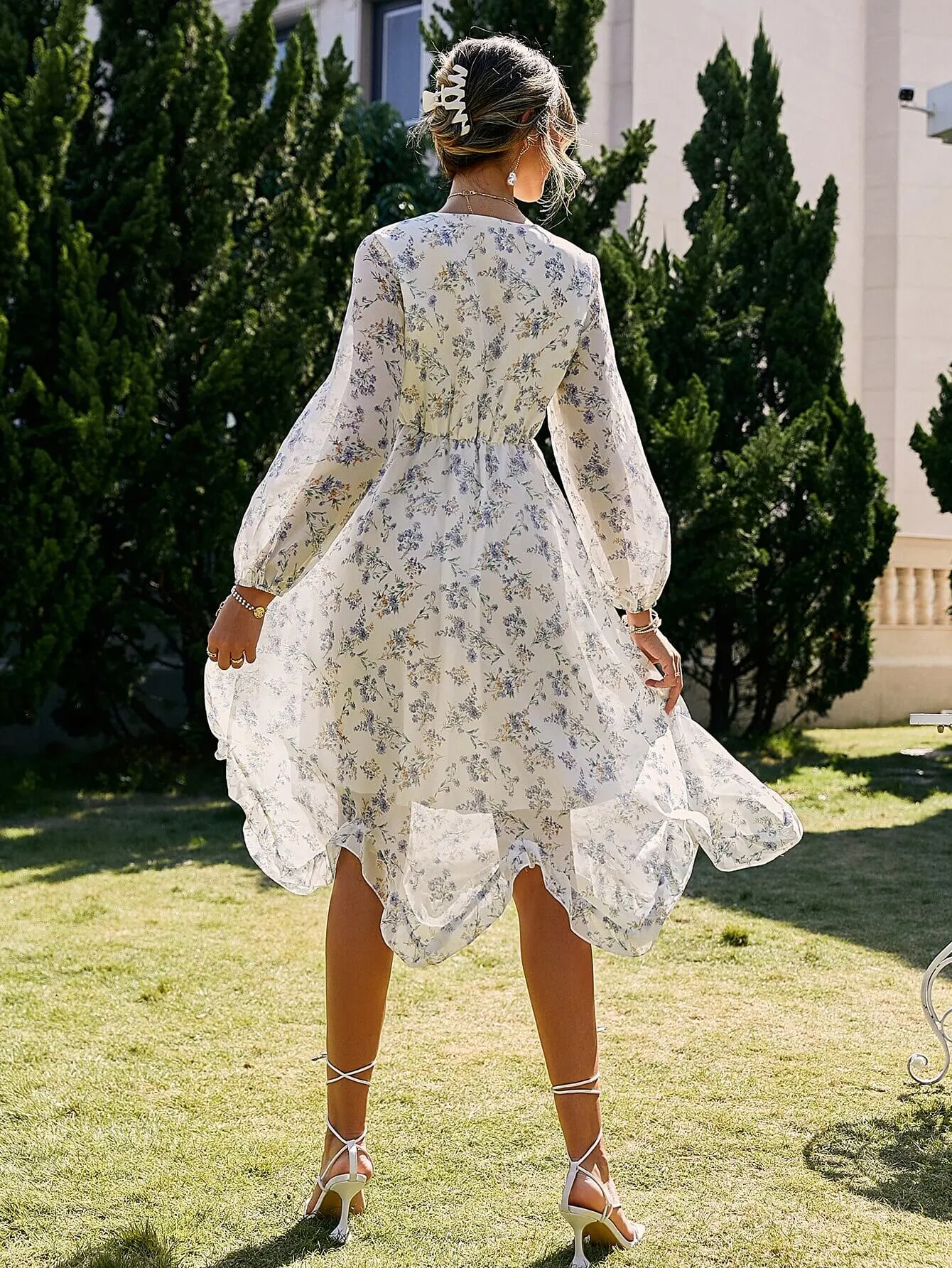 Lillie Long-Sleeved White Floral Midi Dress