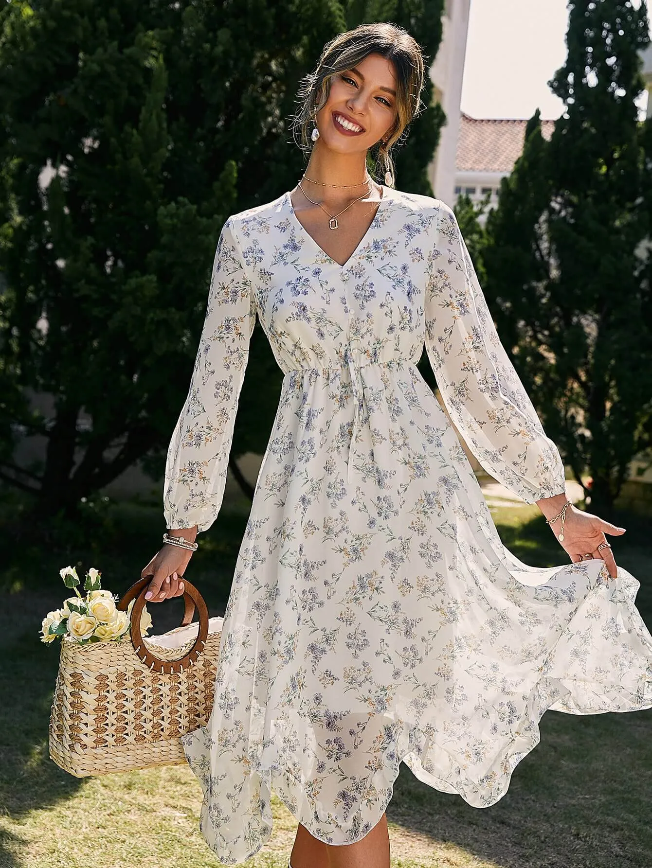 Lillie Long-Sleeved White Floral Midi Dress