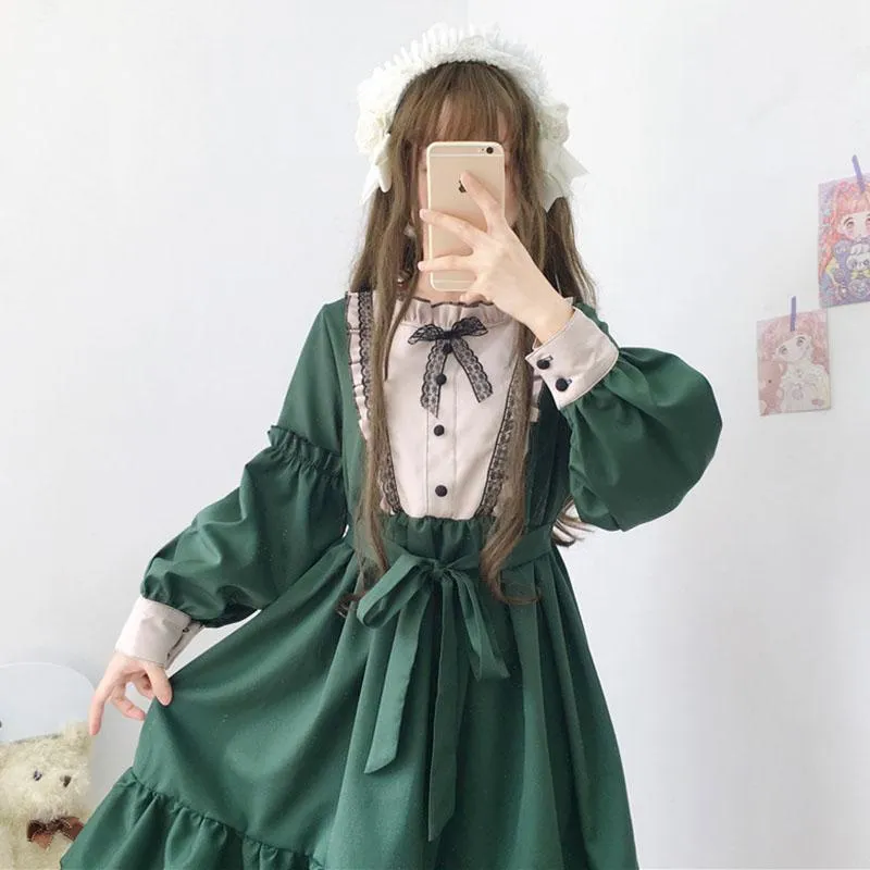 Lolita  Ruffles Long Sleeved Dress With Bowknot