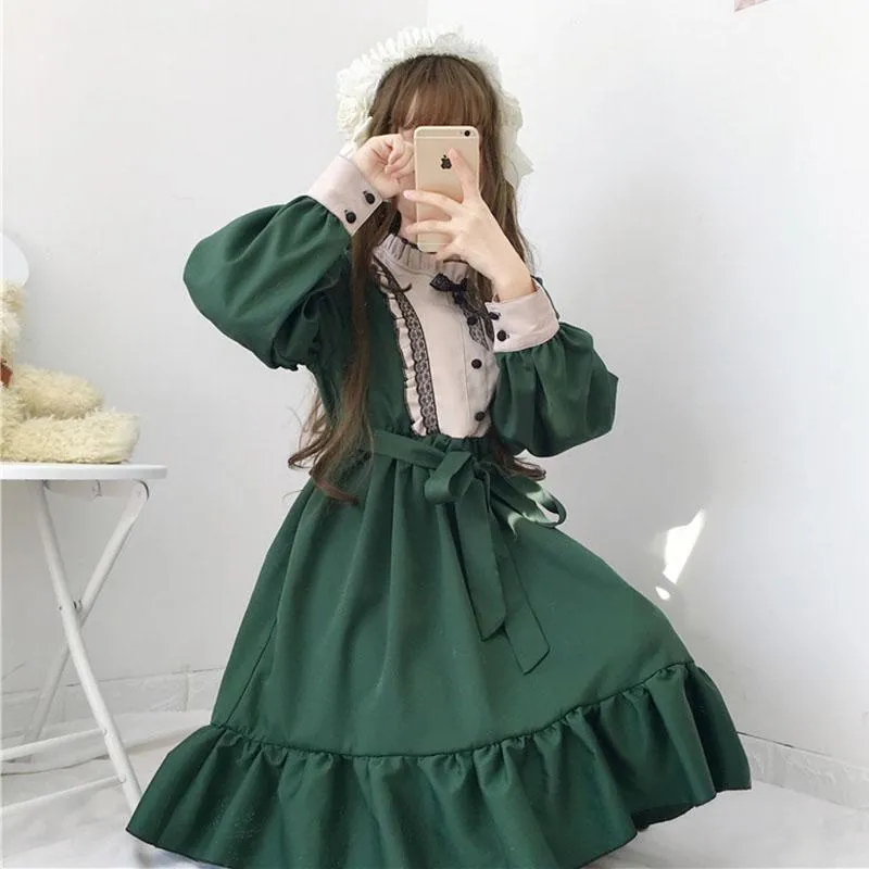 Lolita  Ruffles Long Sleeved Dress With Bowknot