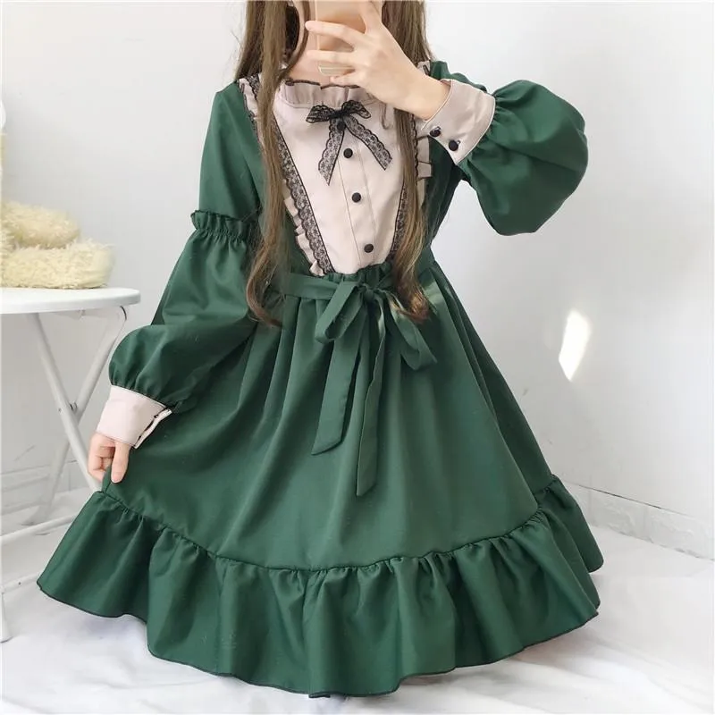 Lolita  Ruffles Long Sleeved Dress With Bowknot