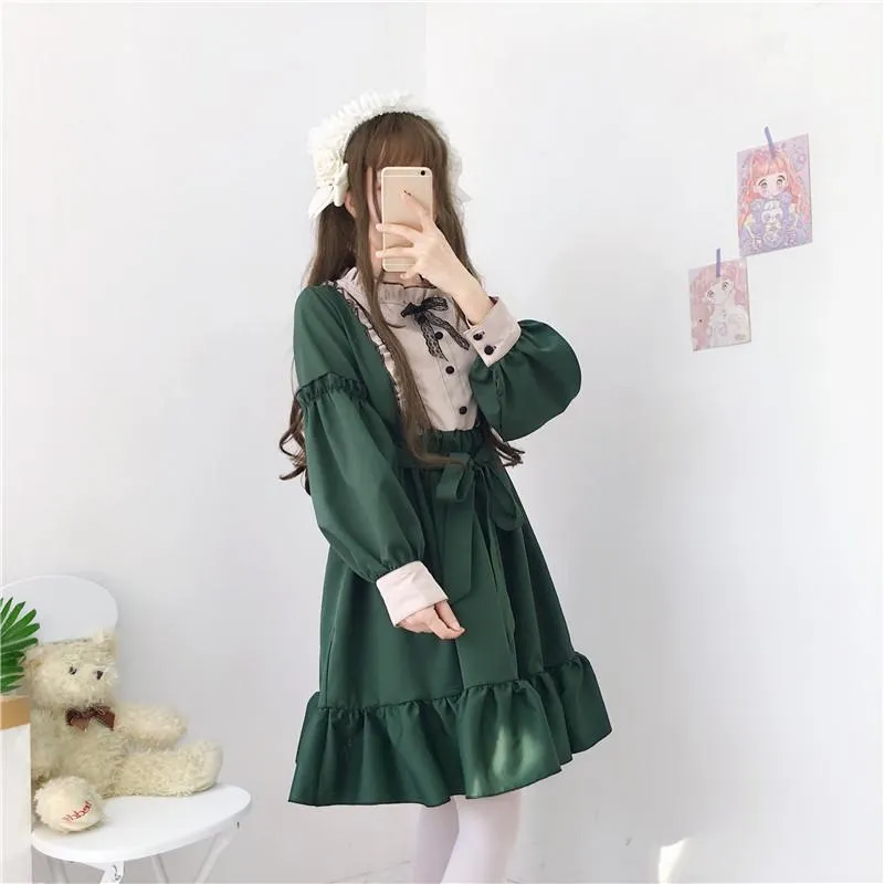 Lolita  Ruffles Long Sleeved Dress With Bowknot