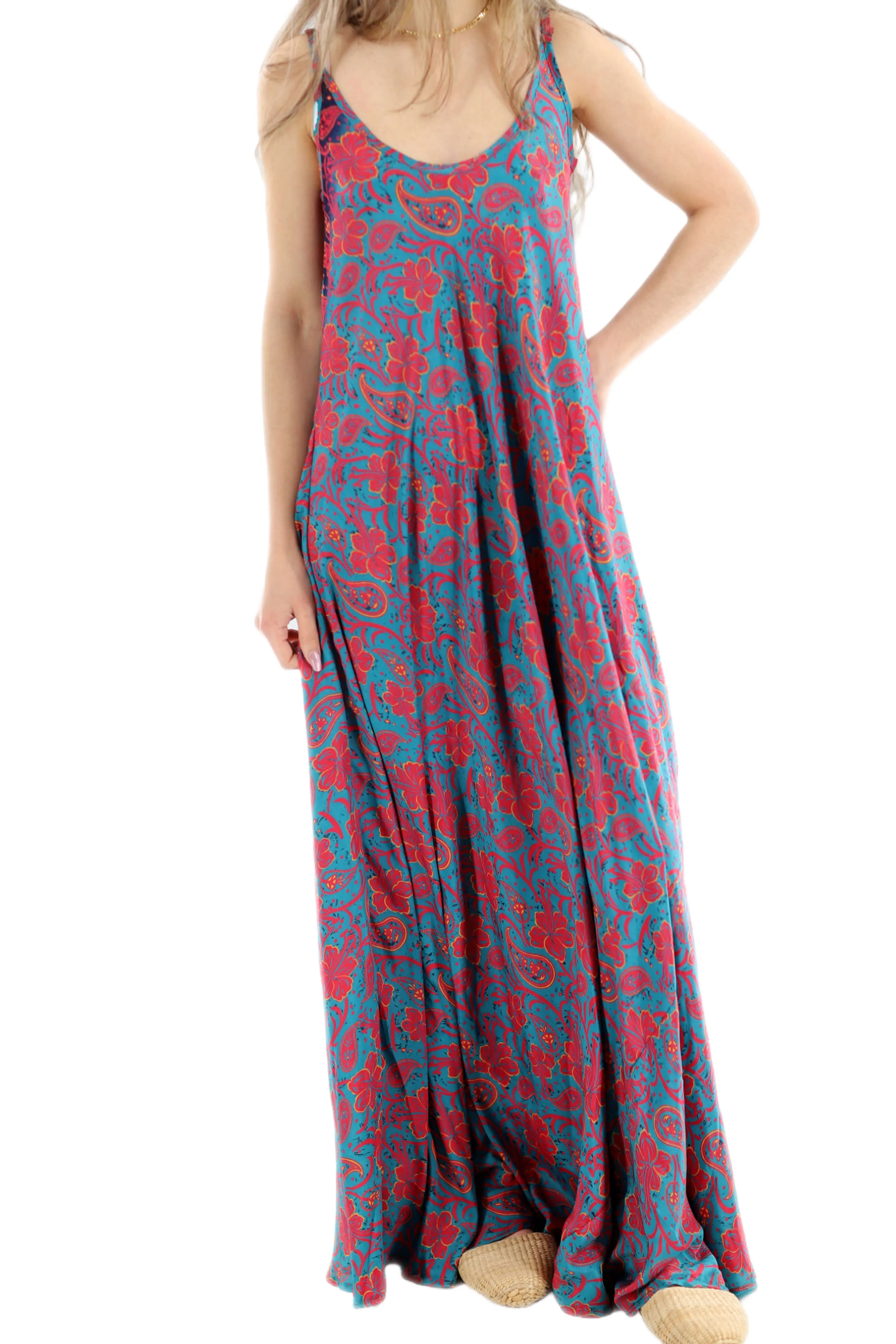 Long Flowy Floral "Stefania" Maxi dress in Blue/Pink