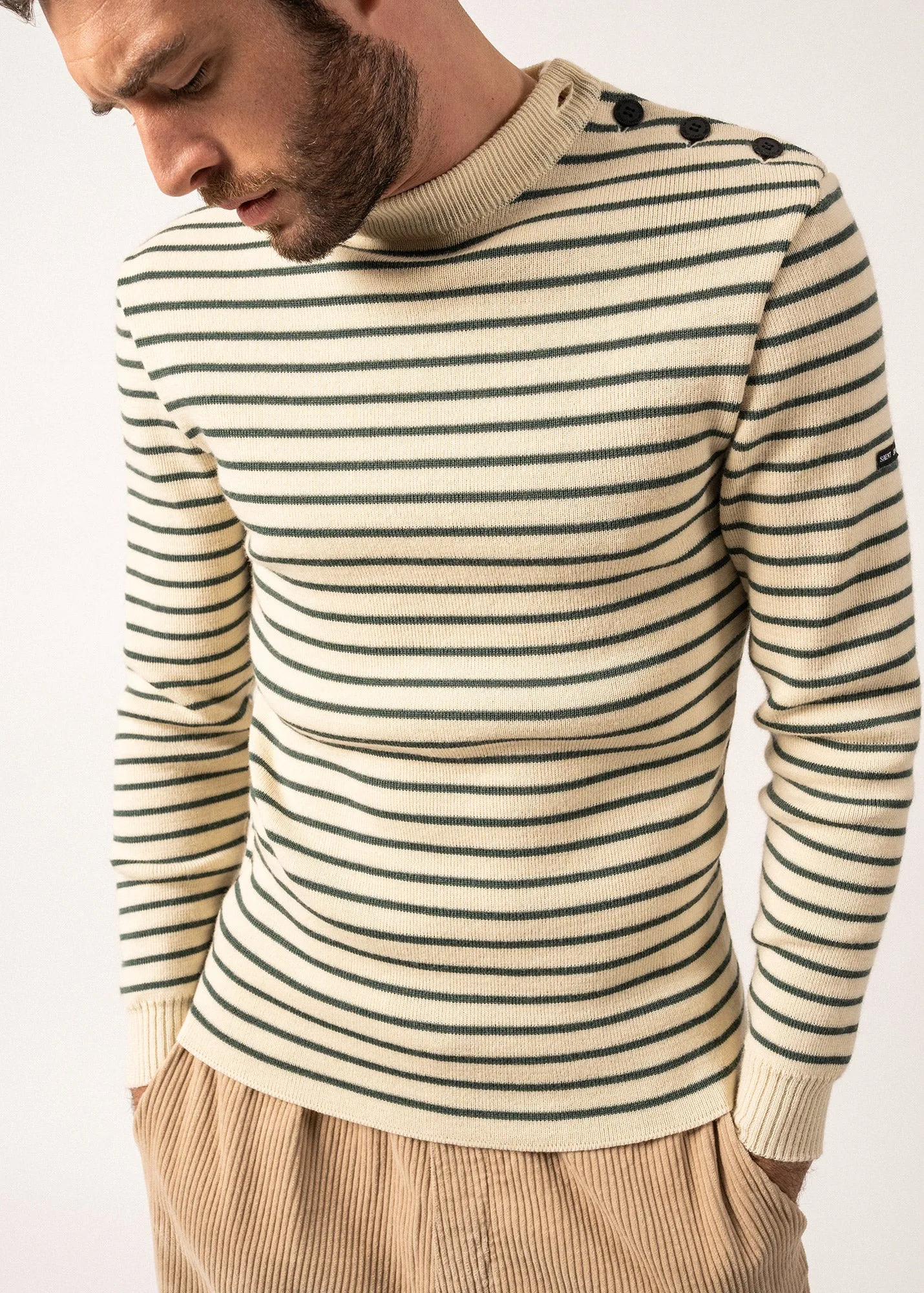 Matelot authentic striped sailor jumper - slim fit, in pure new wool (ECRU/VEGETAL)