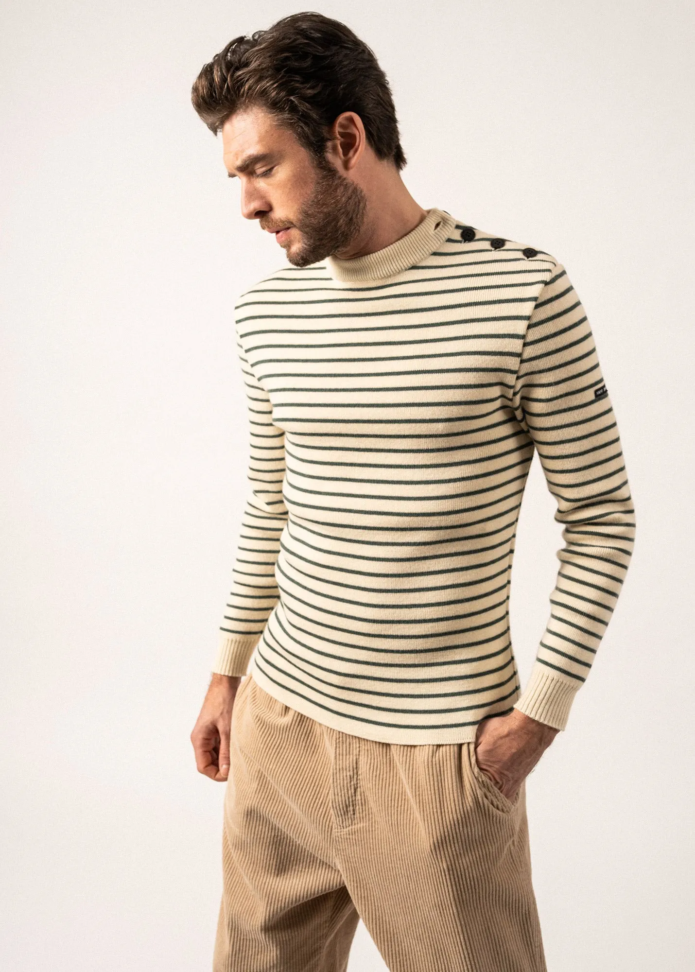 Matelot authentic striped sailor jumper - slim fit, in pure new wool (ECRU/VEGETAL)