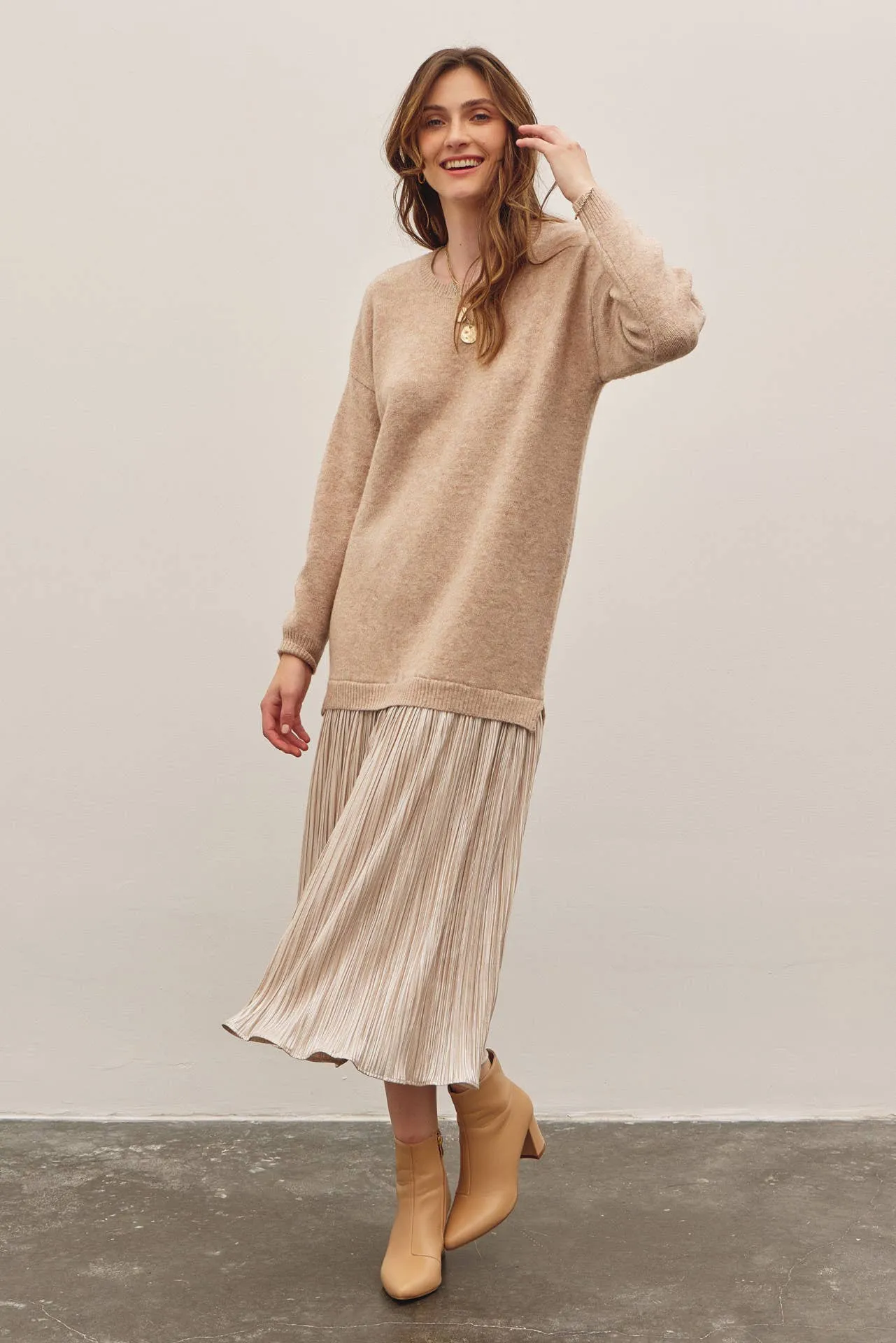 METALLIC PLEATED SKIRT TWOFER SWEATER MIDI DRESS