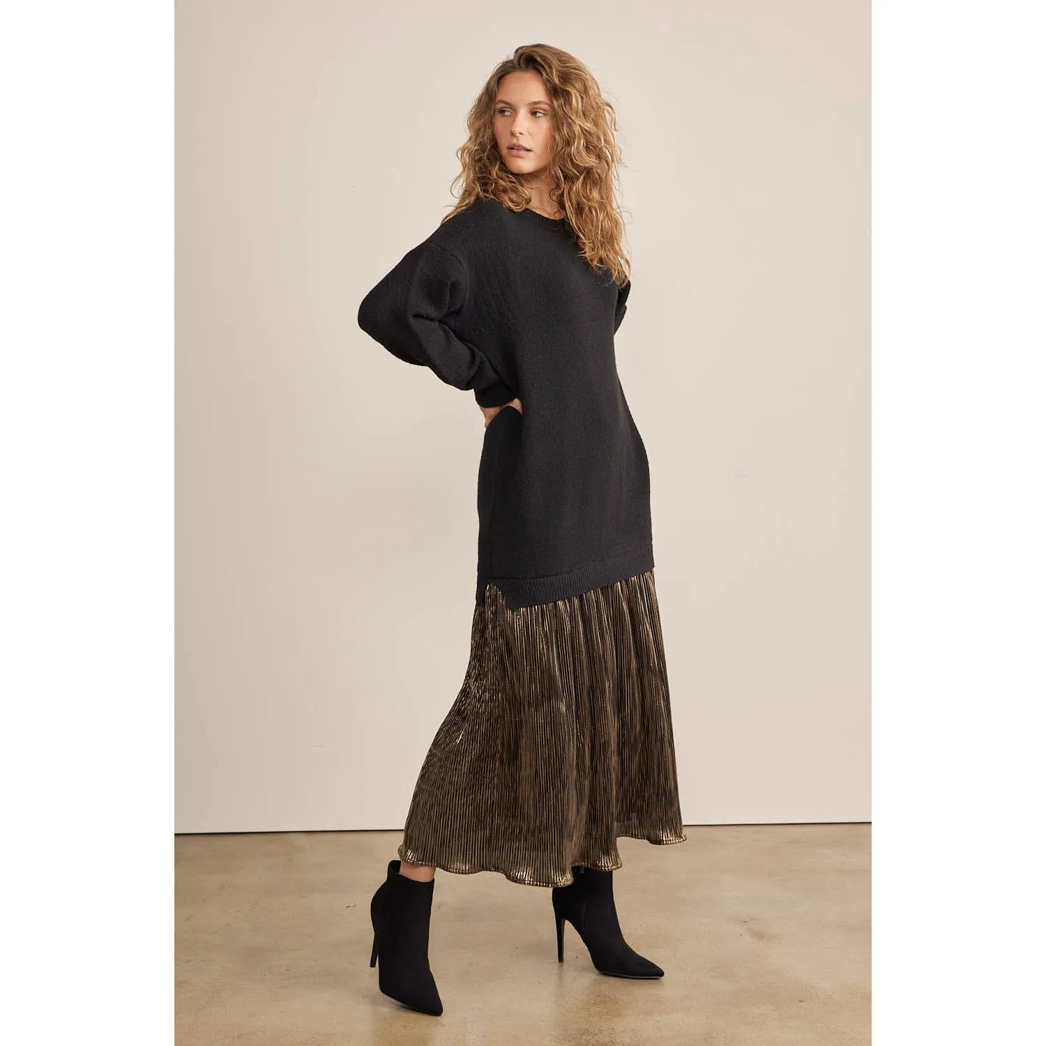 METALLIC PLEATED SKIRT TWOFER SWEATER MIDI DRESS