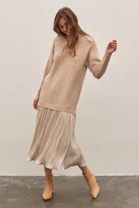 METALLIC PLEATED SKIRT TWOFER SWEATER MIDI DRESS