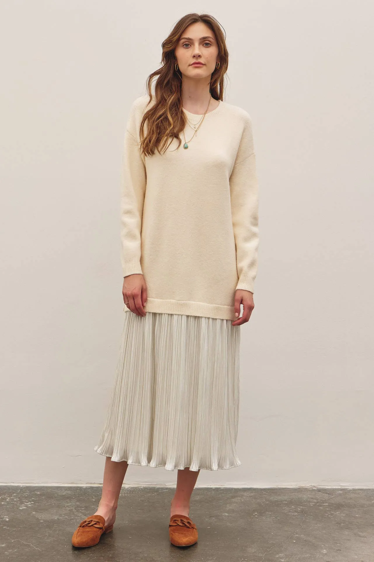 METALLIC PLEATED SKIRT TWOFER SWEATER MIDI DRESS