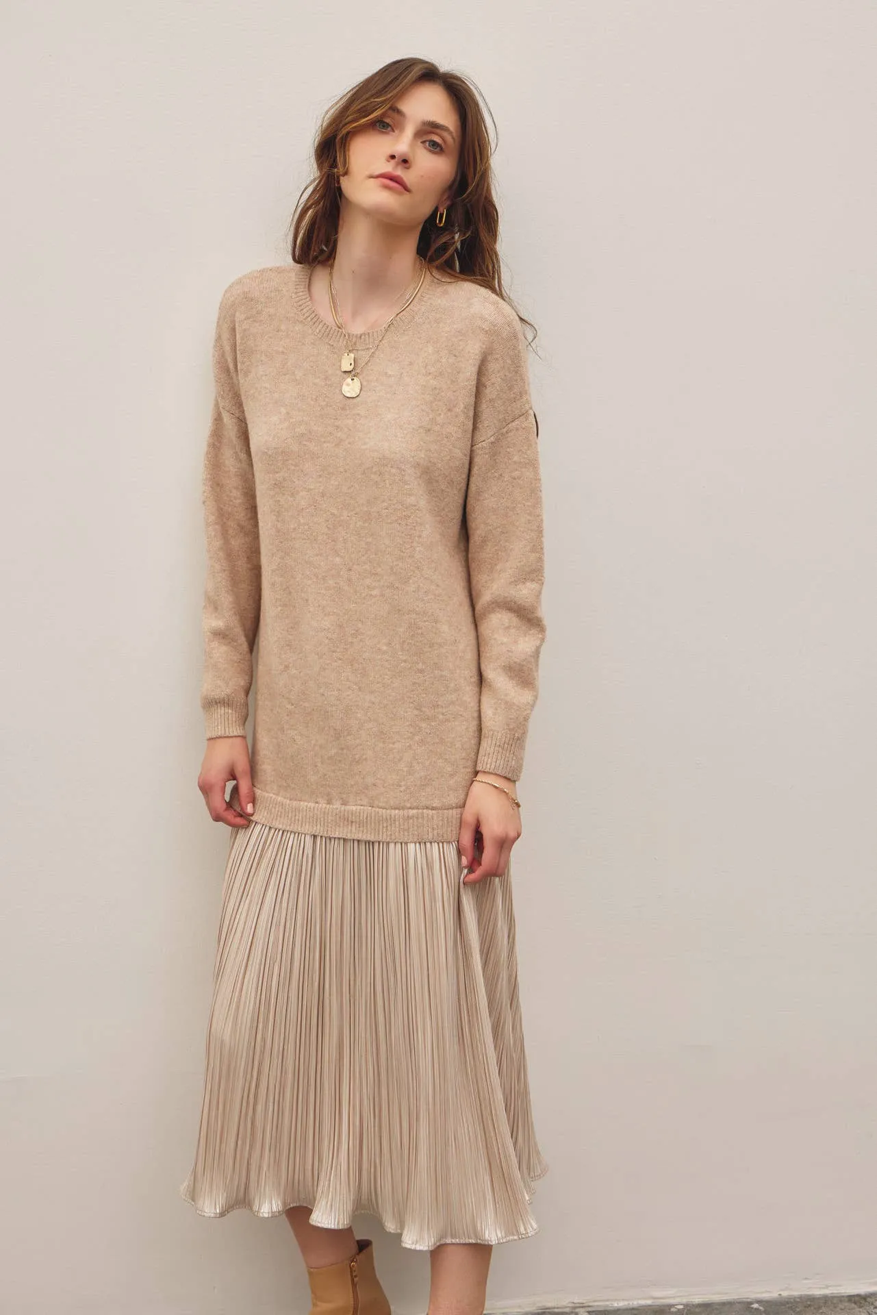 METALLIC PLEATED SKIRT TWOFER SWEATER MIDI DRESS