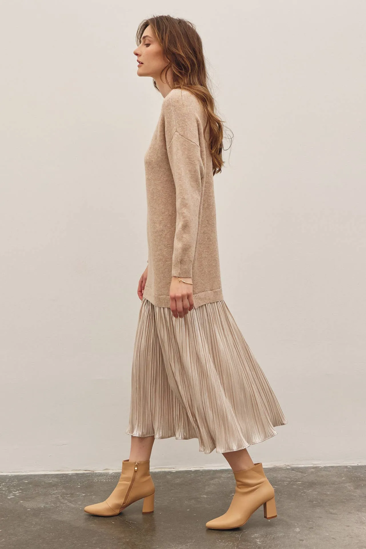 METALLIC PLEATED SKIRT TWOFER SWEATER MIDI DRESS