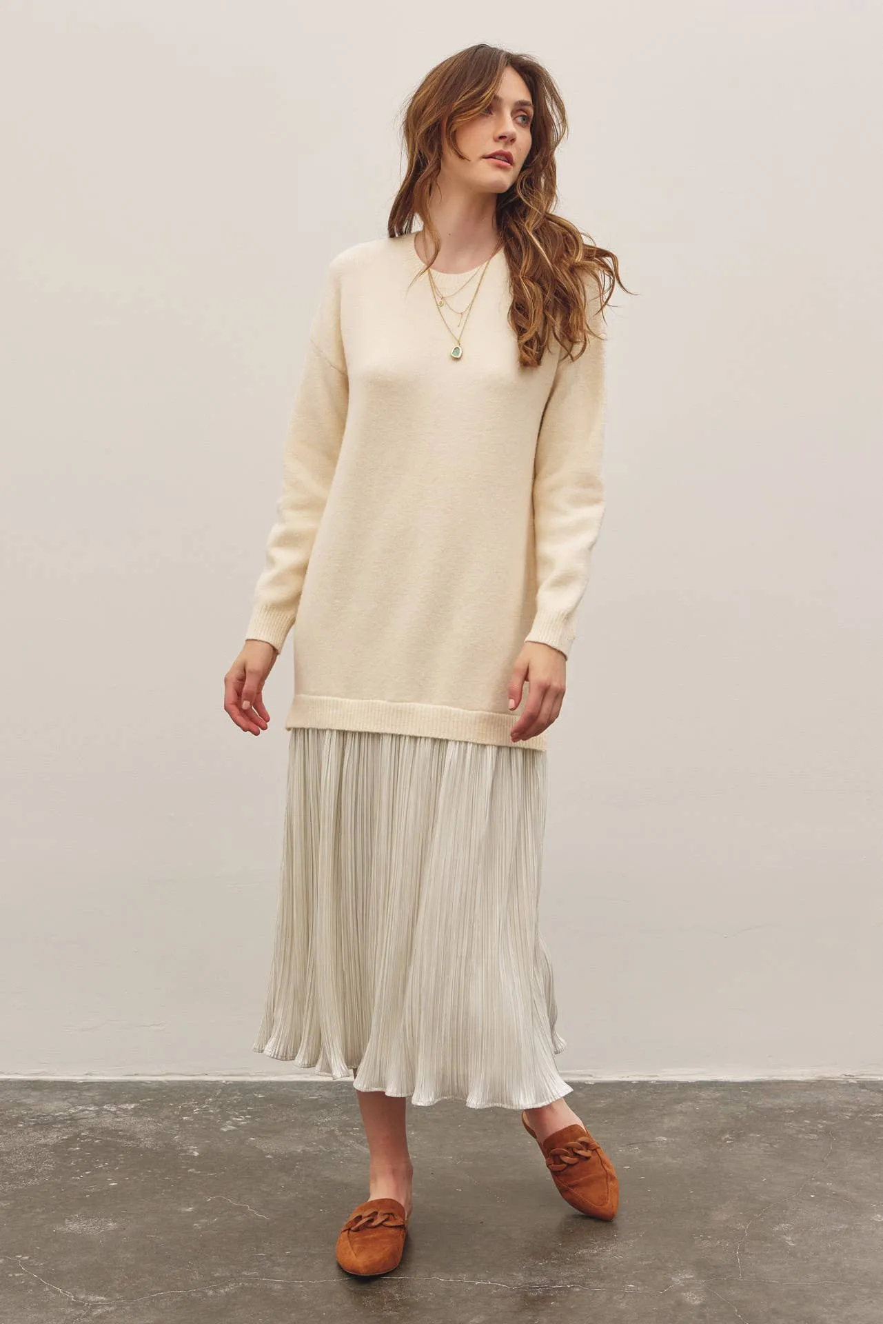 METALLIC PLEATED SKIRT TWOFER SWEATER MIDI DRESS