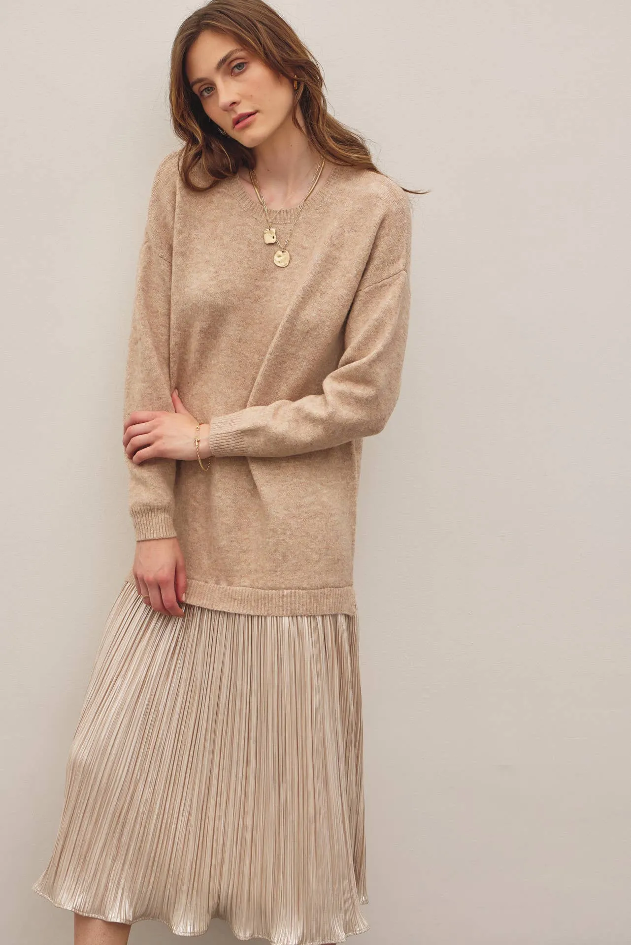 METALLIC PLEATED SKIRT TWOFER SWEATER MIDI DRESS