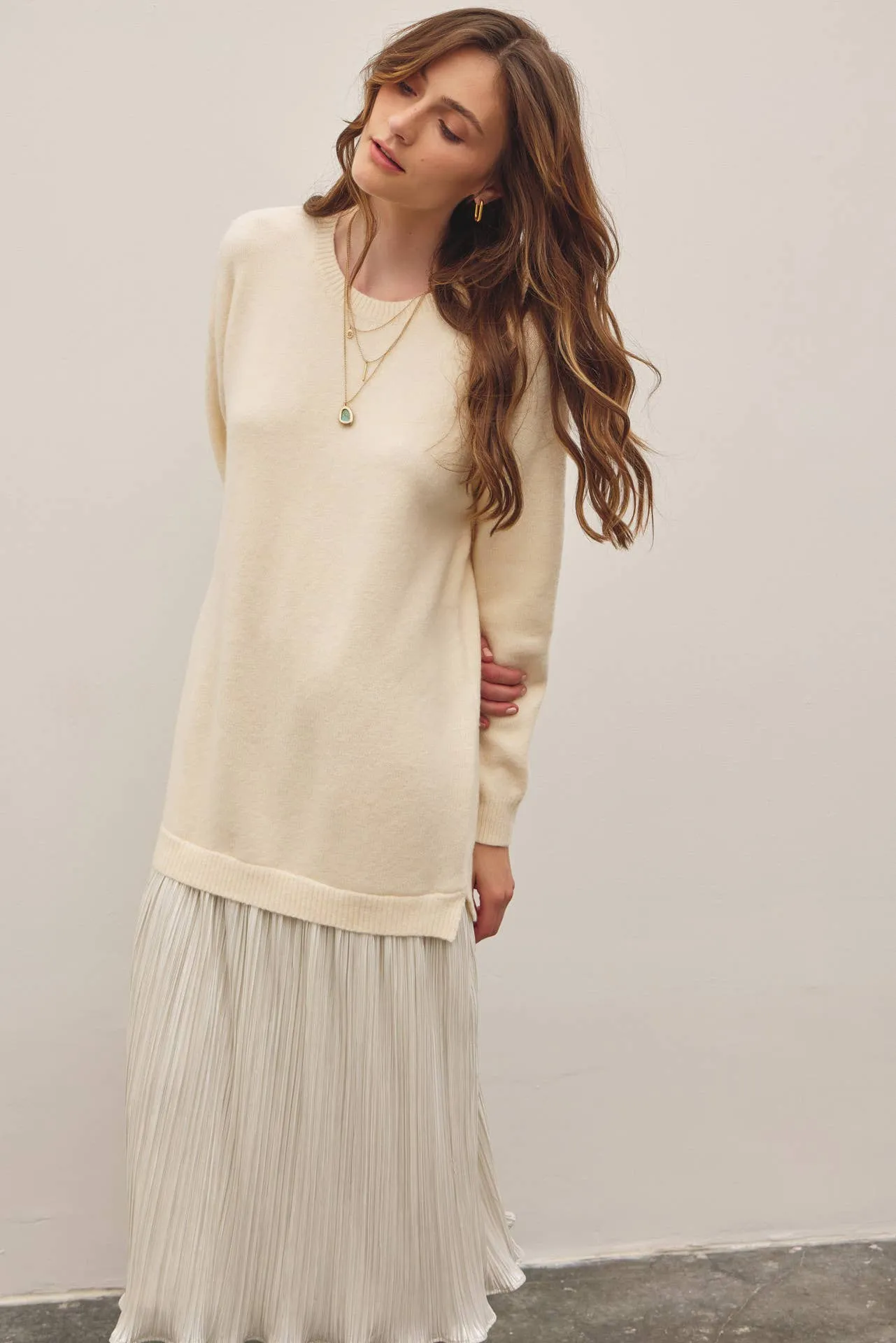 METALLIC PLEATED SKIRT TWOFER SWEATER MIDI DRESS