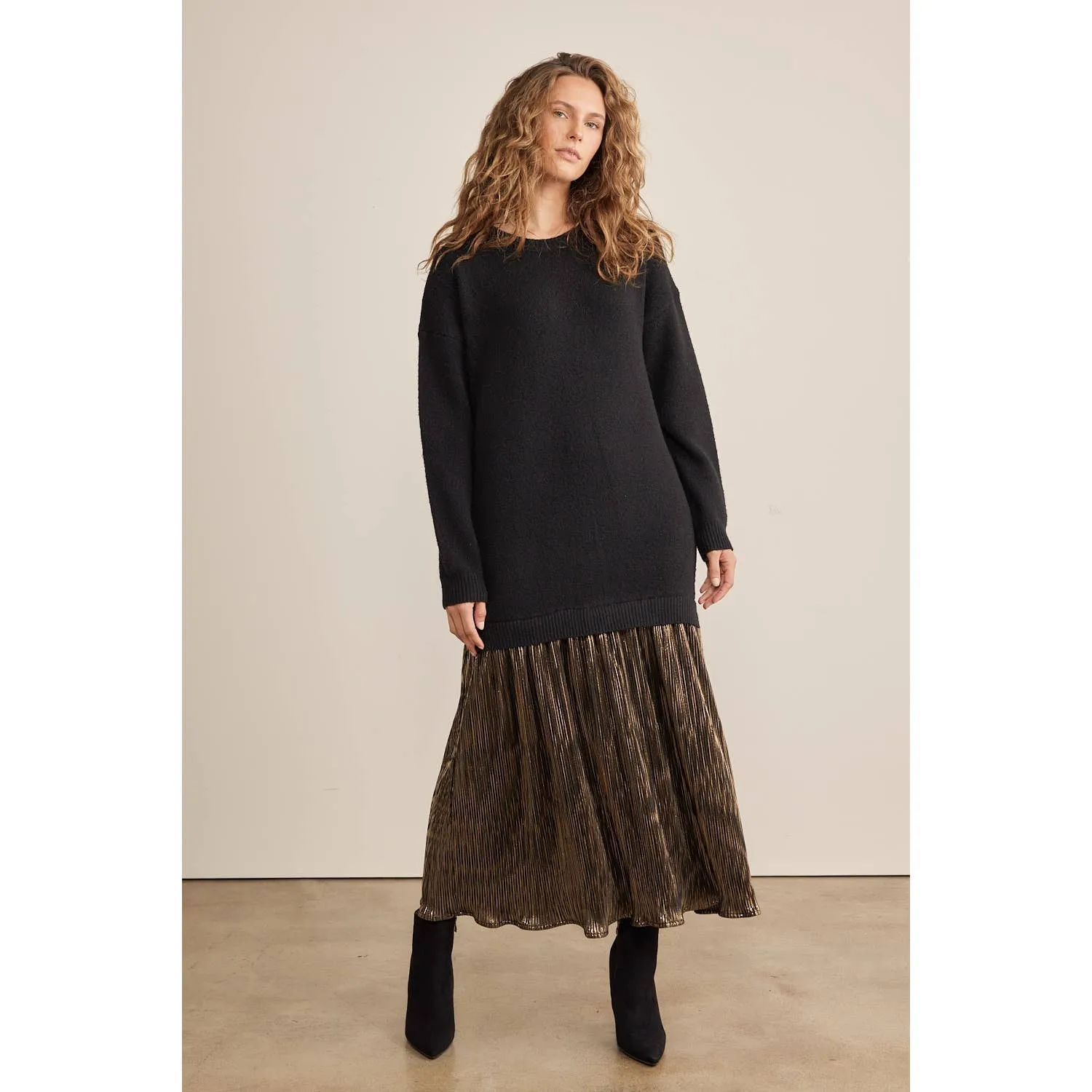 METALLIC PLEATED SKIRT TWOFER SWEATER MIDI DRESS