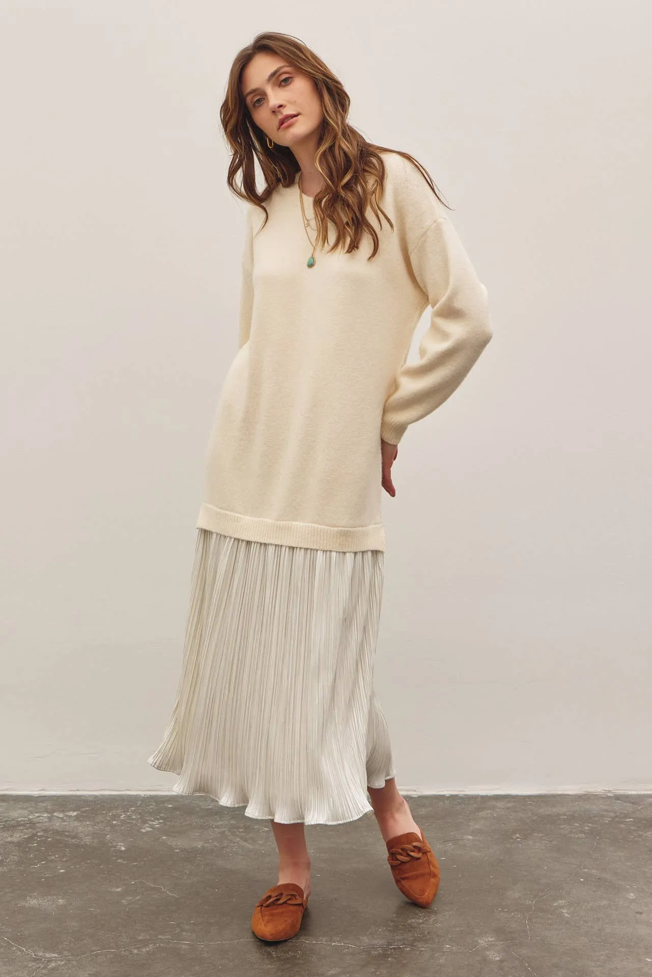 METALLIC PLEATED SKIRT TWOFER SWEATER MIDI DRESS