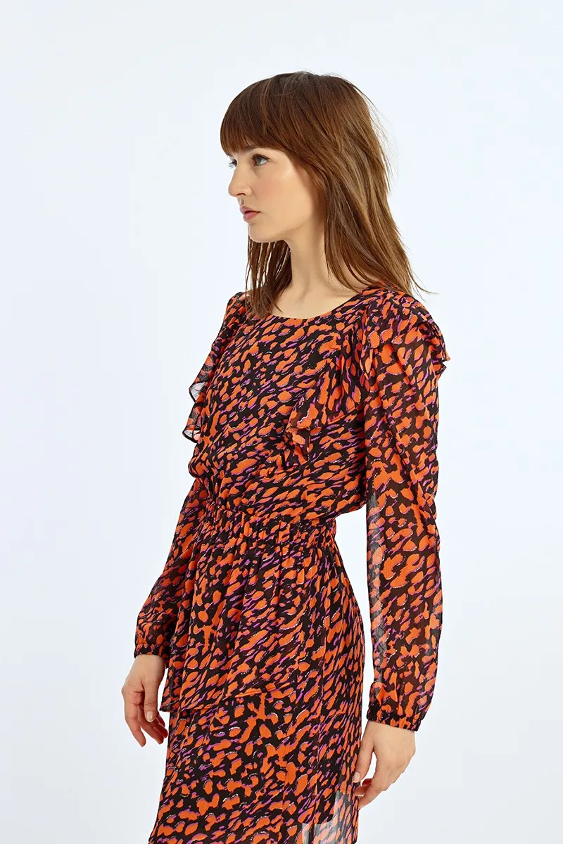 Molly Bracken Orange/Black Short Graphic Print Chiffon Dress