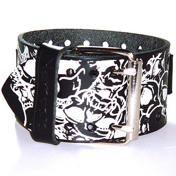 Multi-Skulls Full Print Black Perforated Leather Cuff