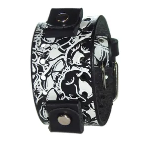 Multi-Skulls Full Print Black Perforated Leather Cuff