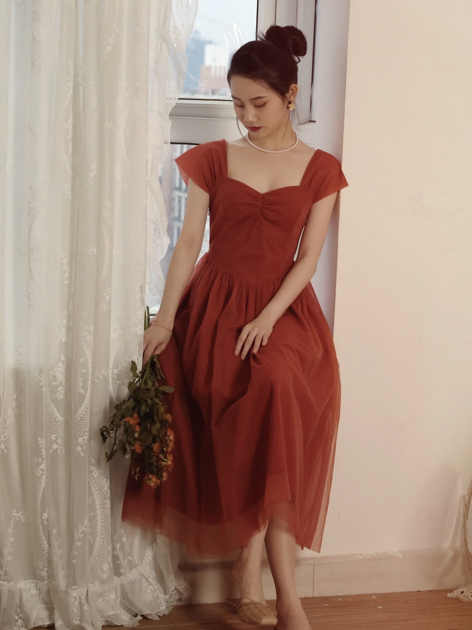 New Arrival Cap Sleeves Tulle 50s Swing Dress