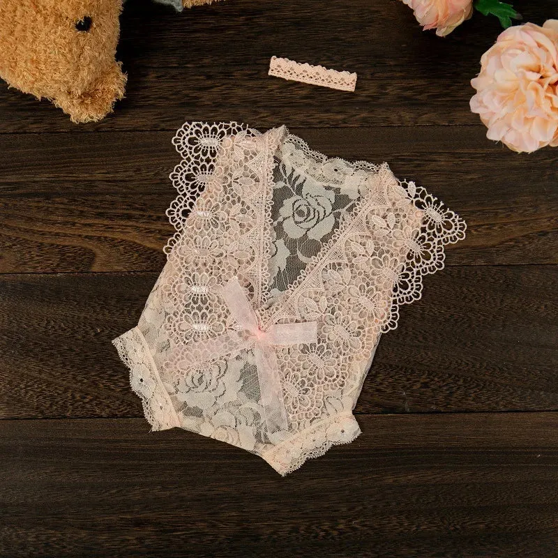 Newborn Baby Photography Props Costume, Lace Romper With Headband, Reborn Baby Lace Romper Photo Prop