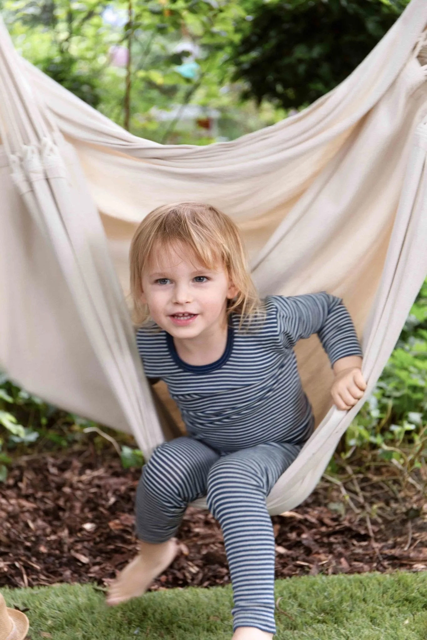 organic merino wool and silk kids shirt - navy/natural stripe