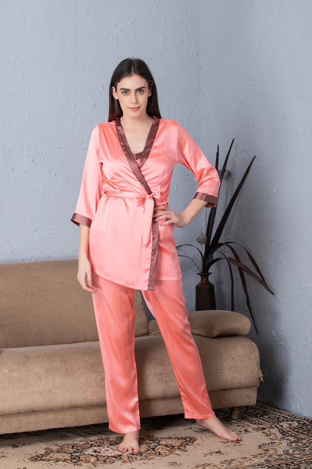 Peach Satin Night suit with Robe