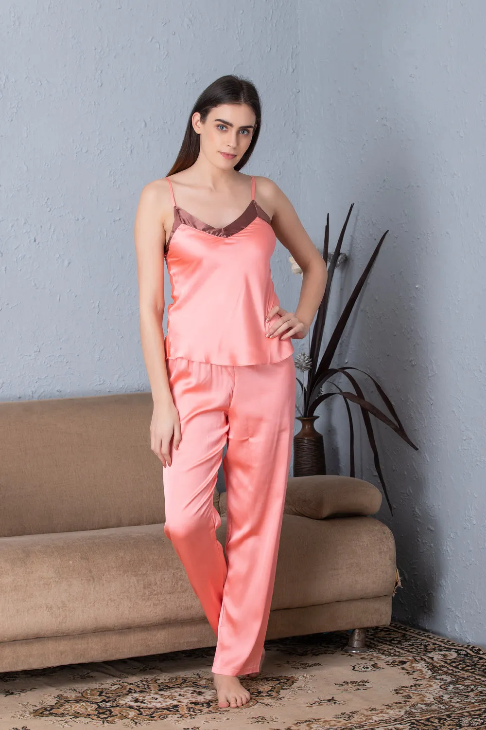 Peach Satin Night suit with Robe