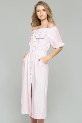 Pink Chiffon Ruched Pleat Off-The-Shoulder Button-Down Long-Sleeved Midi Dress