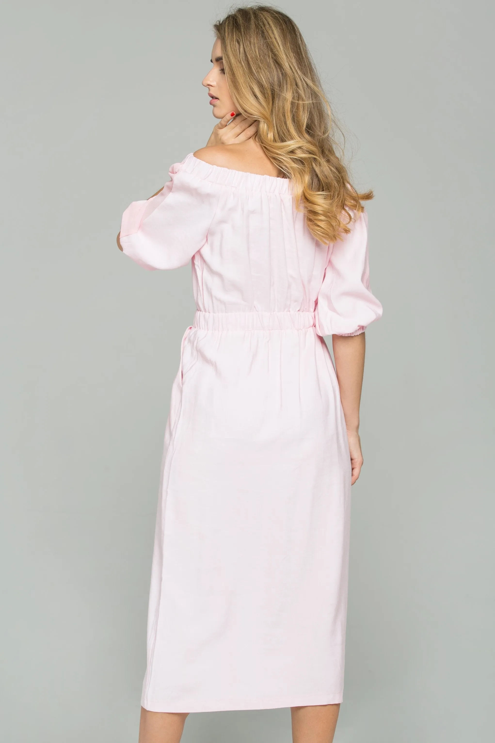 Pink Chiffon Ruched Pleat Off-The-Shoulder Button-Down Long-Sleeved Midi Dress