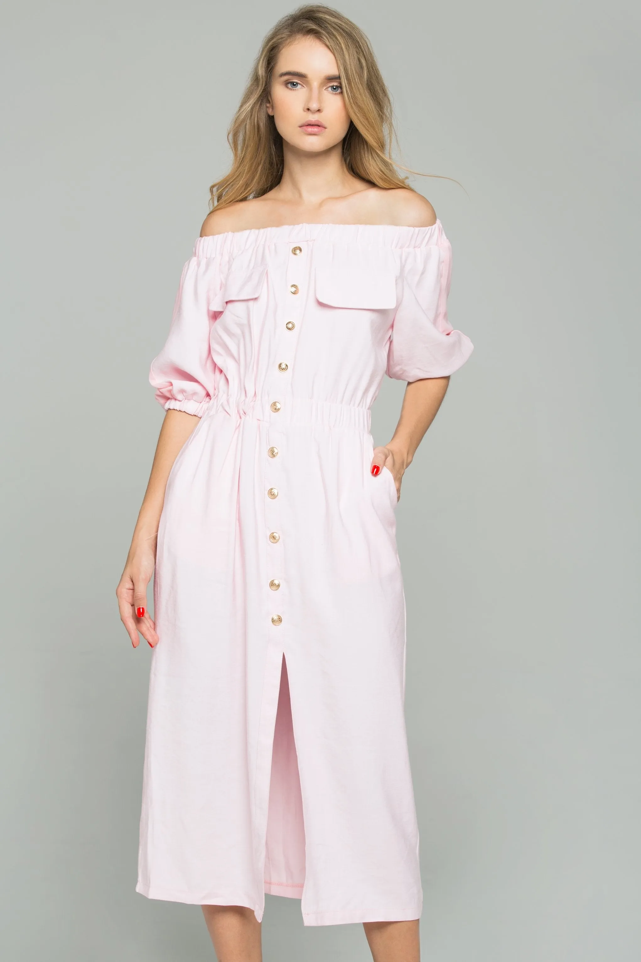 Pink Chiffon Ruched Pleat Off-The-Shoulder Button-Down Long-Sleeved Midi Dress