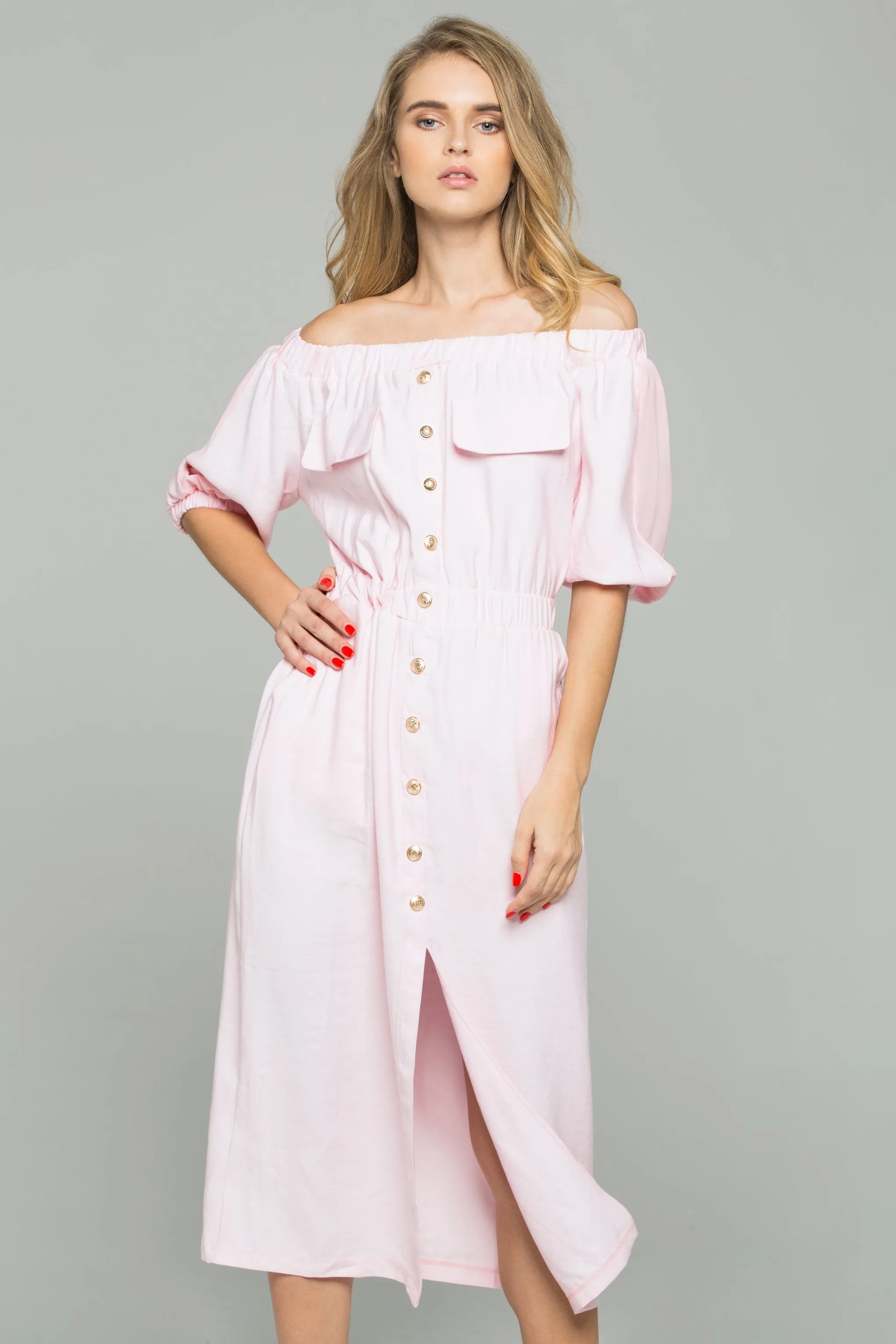 Pink Chiffon Ruched Pleat Off-The-Shoulder Button-Down Long-Sleeved Midi Dress