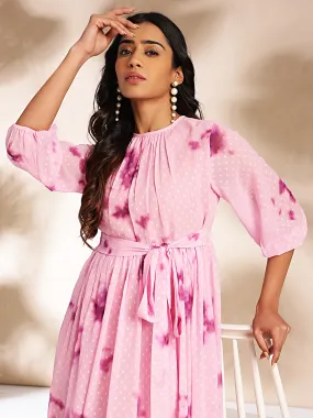 Pink Dobby Georgette Tie-Dye Fit & Flare Dress